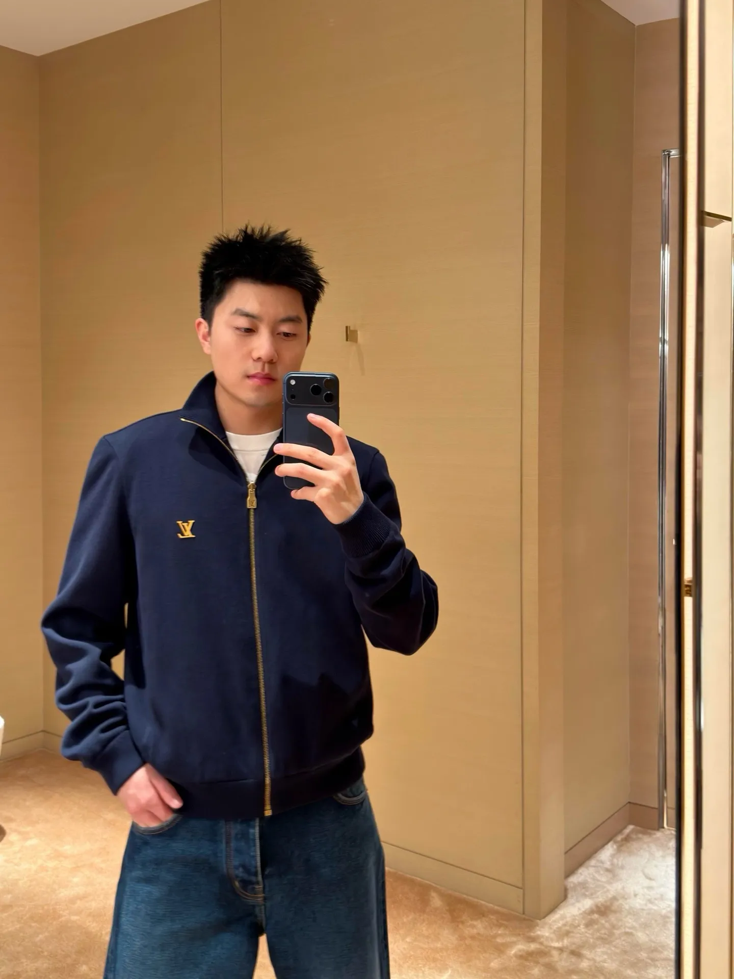 Louis Vuitton/Louis Vuitton leather label printed double-sided stand-up collar jacket